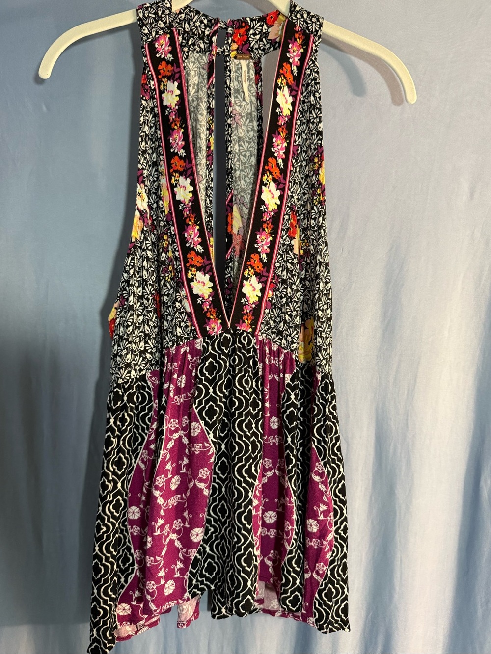 Free People Mixed Floral Patchwork Halter Tank in Black & Magenta